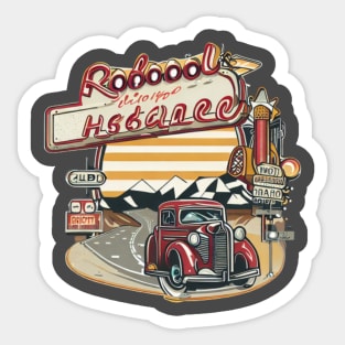 A graphic that captures the vintage vibe of a classic road trip, complete with iconic roadside attractions and retro typography. Sticker